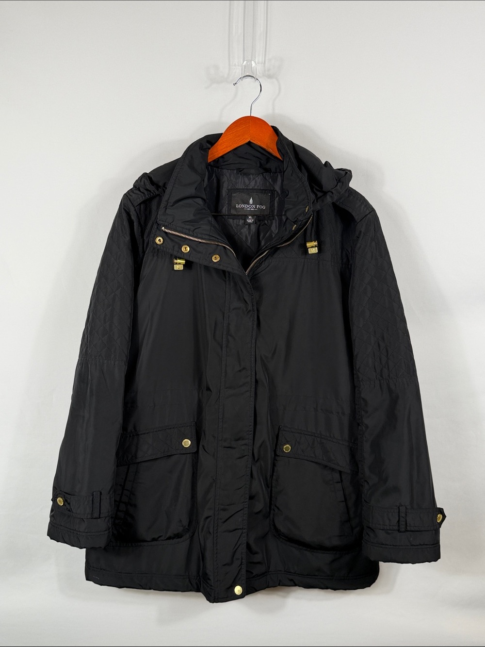 London Fog Black Quilted Hooded Black Coat. Removable hood. Womens Size XL